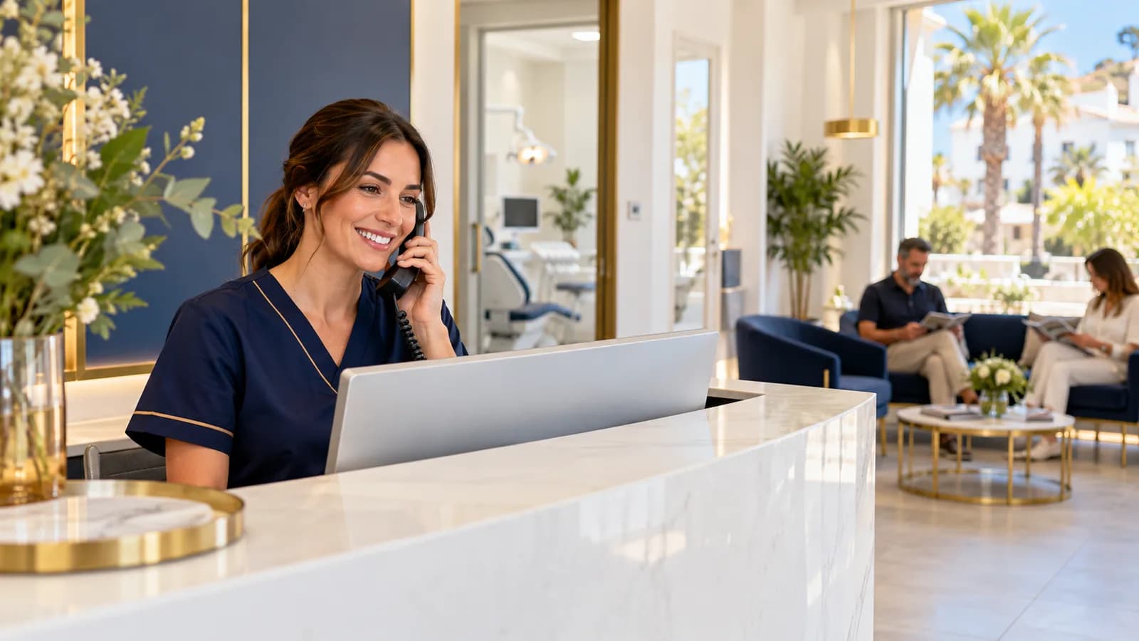 Recepcionista de una clínica dental atendiendo una llamada de un paciente
