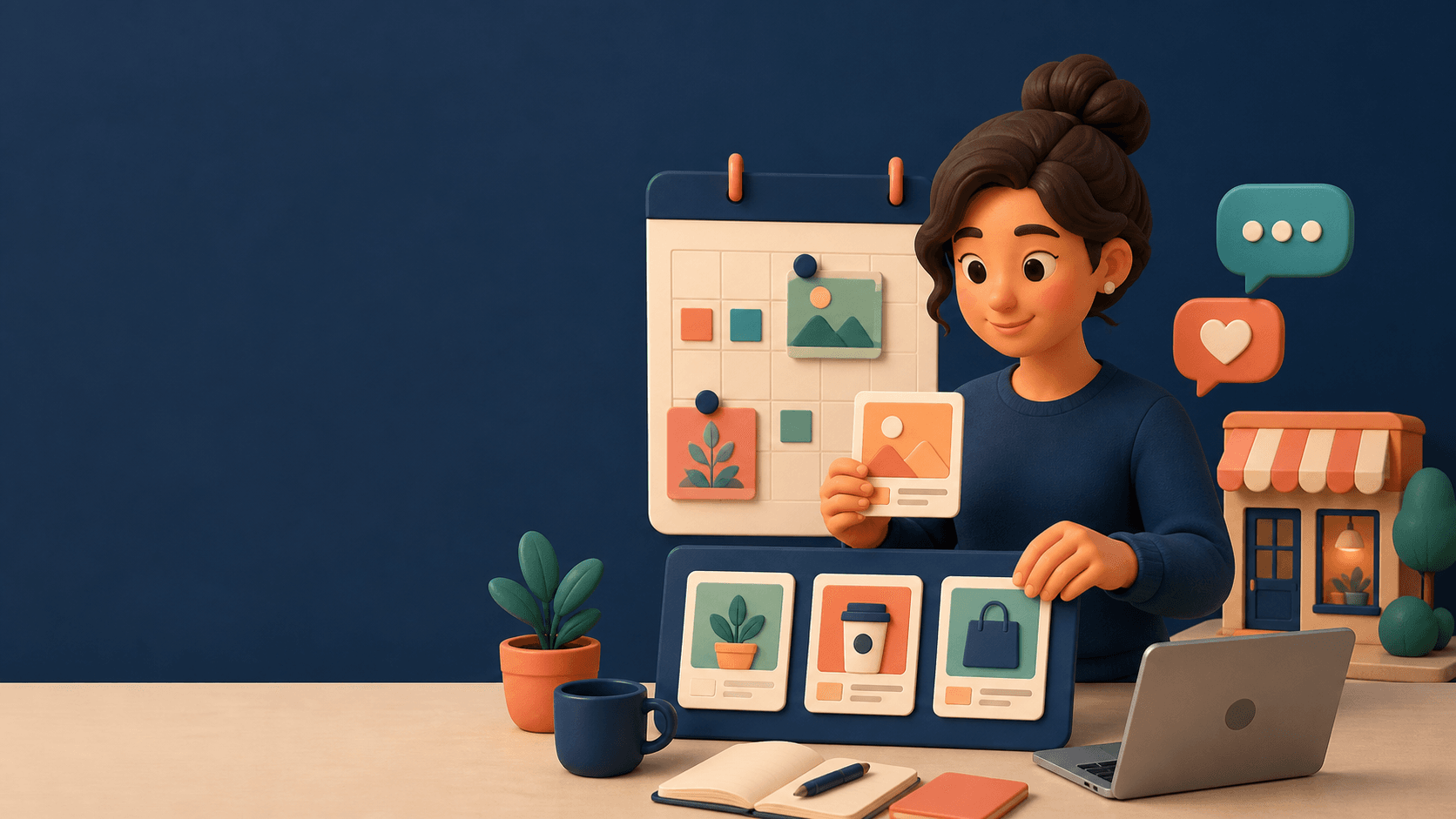 Ilustración de una profesional planificando contenidos para redes sociales
