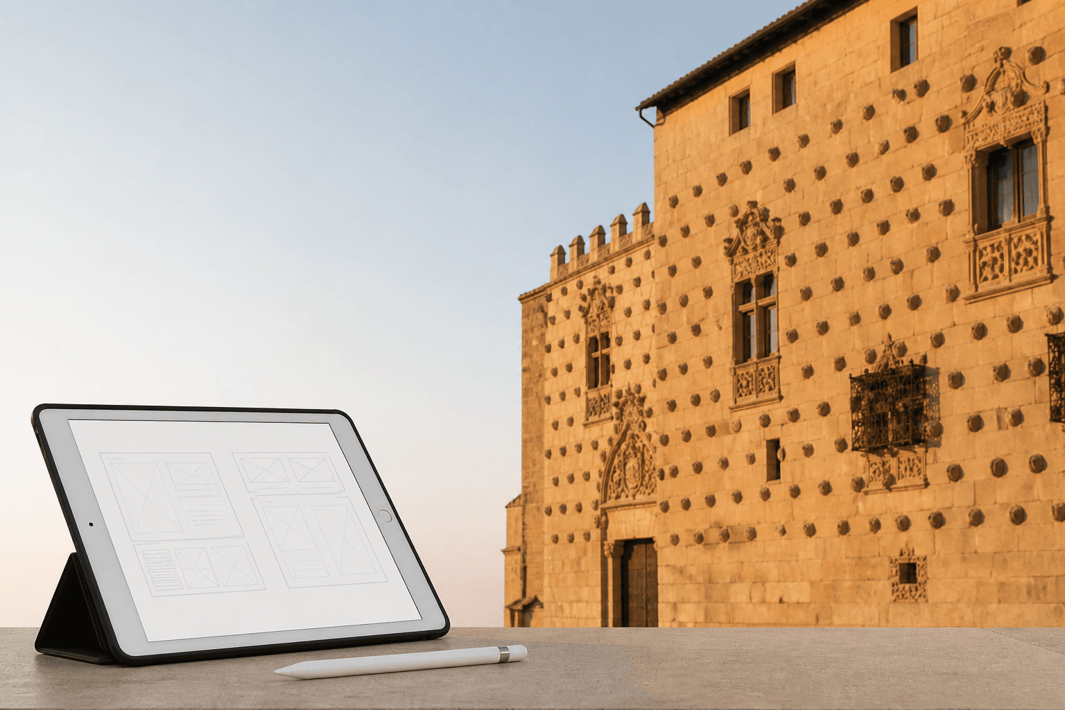 Casa de las Conchas de Salamanca y tableta de diseño web