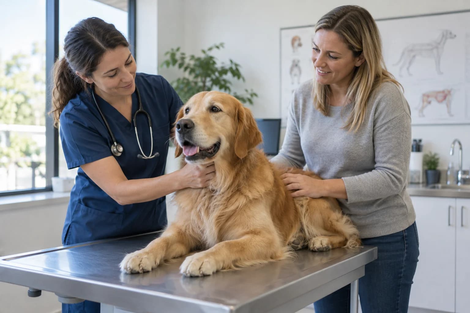 Veterinario atendiendo a un perro acompañado de su propietario